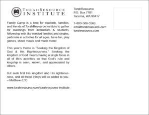 TorahResource Institute Family Camp Postcard, Back, 2024