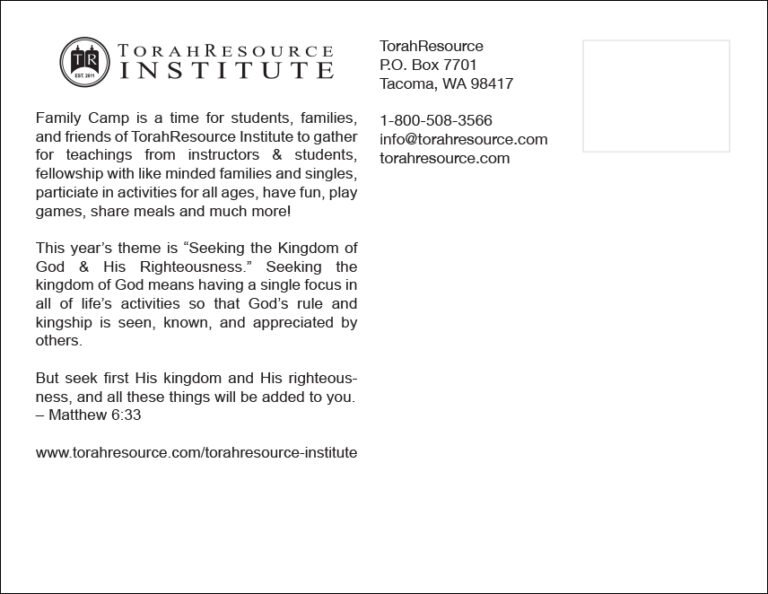 TorahResource Institute Family Camp Postcard, Back, 2024
