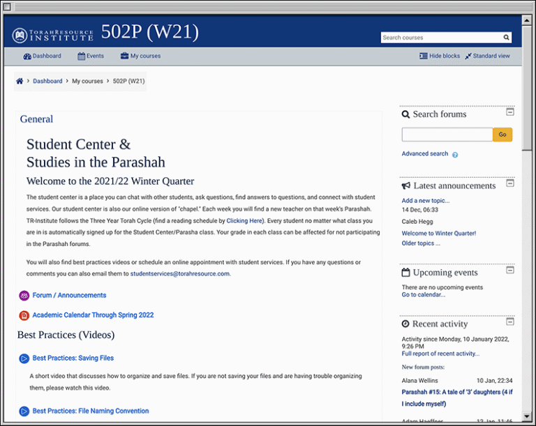 TorahResource Learning Center Student Center Page, Browser Layout