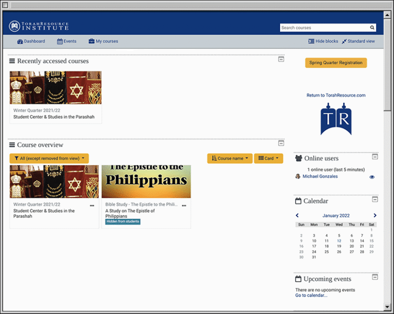 TorahResource Learning Center Dashboard, Browser Layout